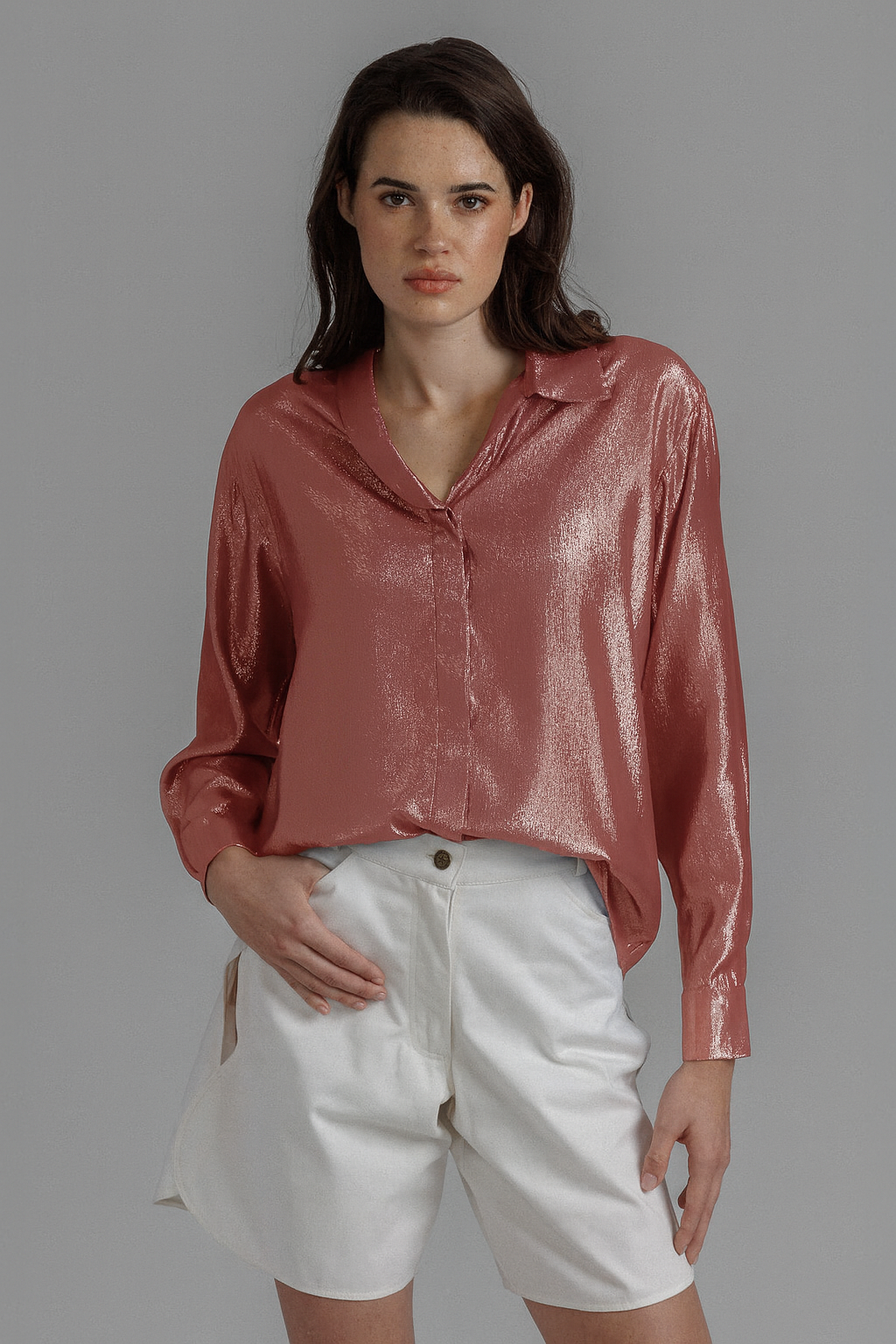 RED LAMÉ SILK BUTTON-UP SHIRT