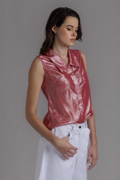 SLEEVELESS LAMÉ SILK SHIRT