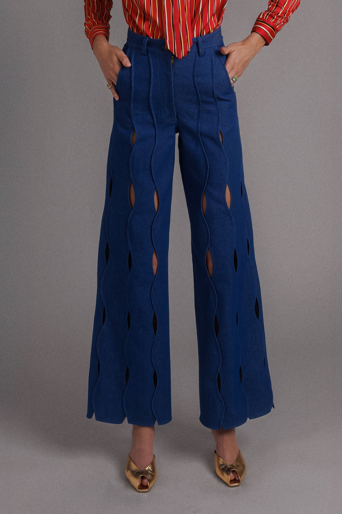 MEDIUM BLUE IRREGULAR STRIPED DENIM PANTS