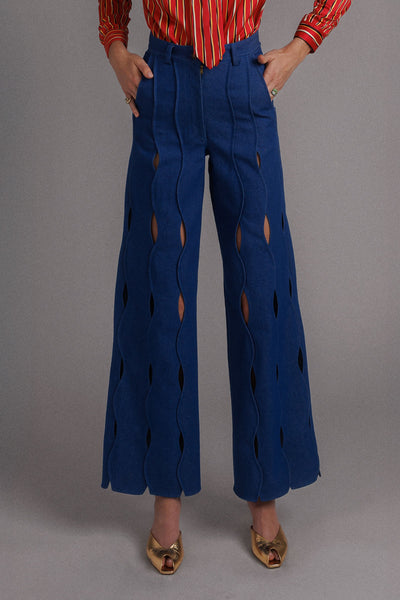MEDIUM BLUE IRREGULAR STRIPED DENIM PANTS