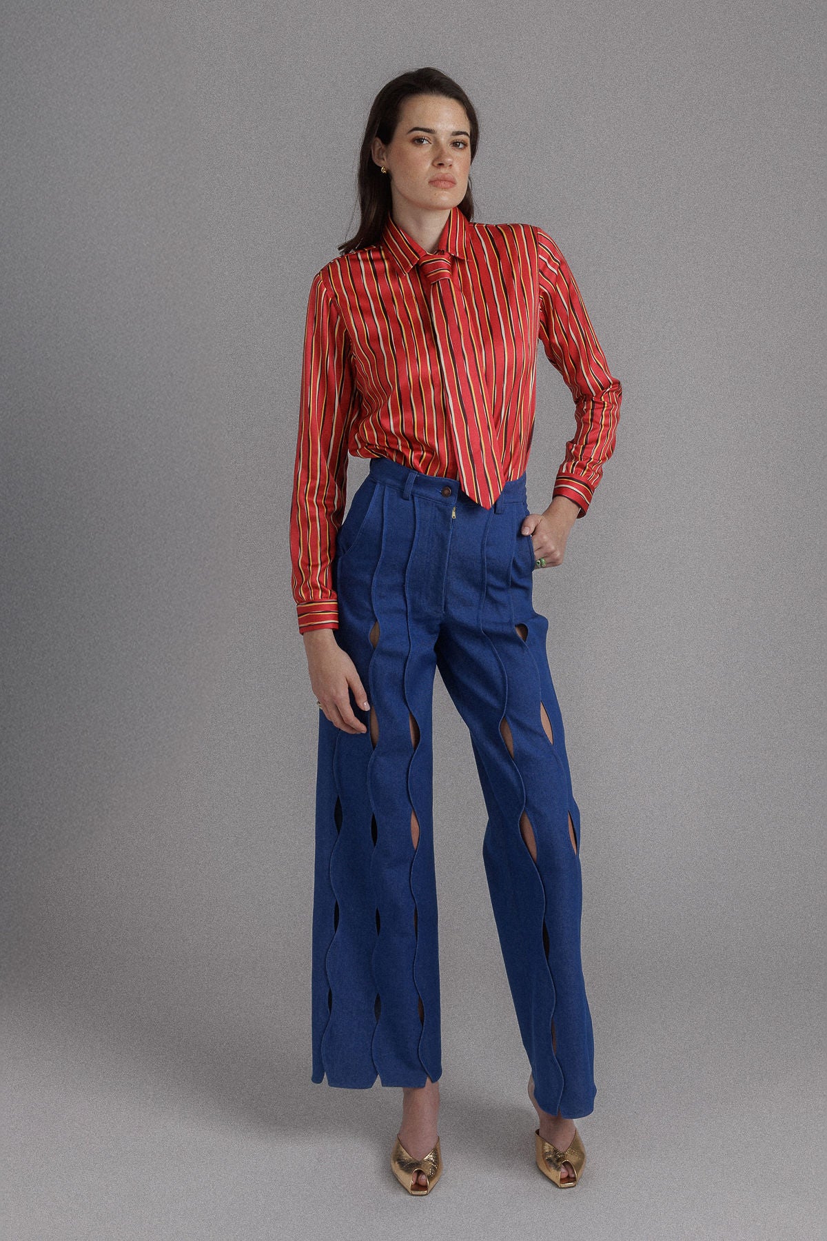 MEDIUM BLUE IRREGULAR STRIPED DENIM PANTS