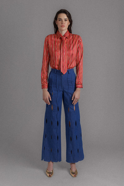 MEDIUM BLUE IRREGULAR STRIPED DENIM PANTS