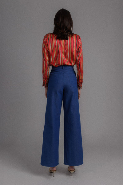 MEDIUM BLUE IRREGULAR STRIPED DENIM PANTS