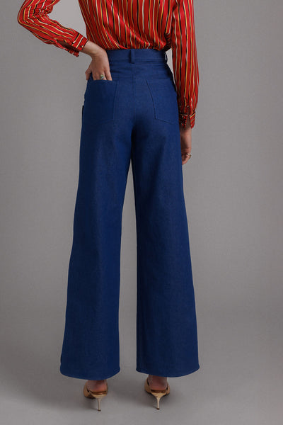 MEDIUM BLUE IRREGULAR STRIPED DENIM PANTS