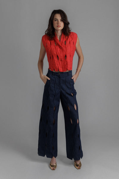 RED IRREGULAR ASSEMBLED CROP TOP