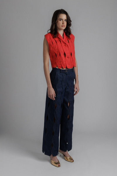 RED IRREGULAR ASSEMBLED CROP TOP