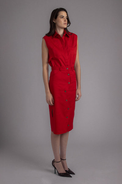 RED ASYMMETRIC SLEEVELESS SHIRT