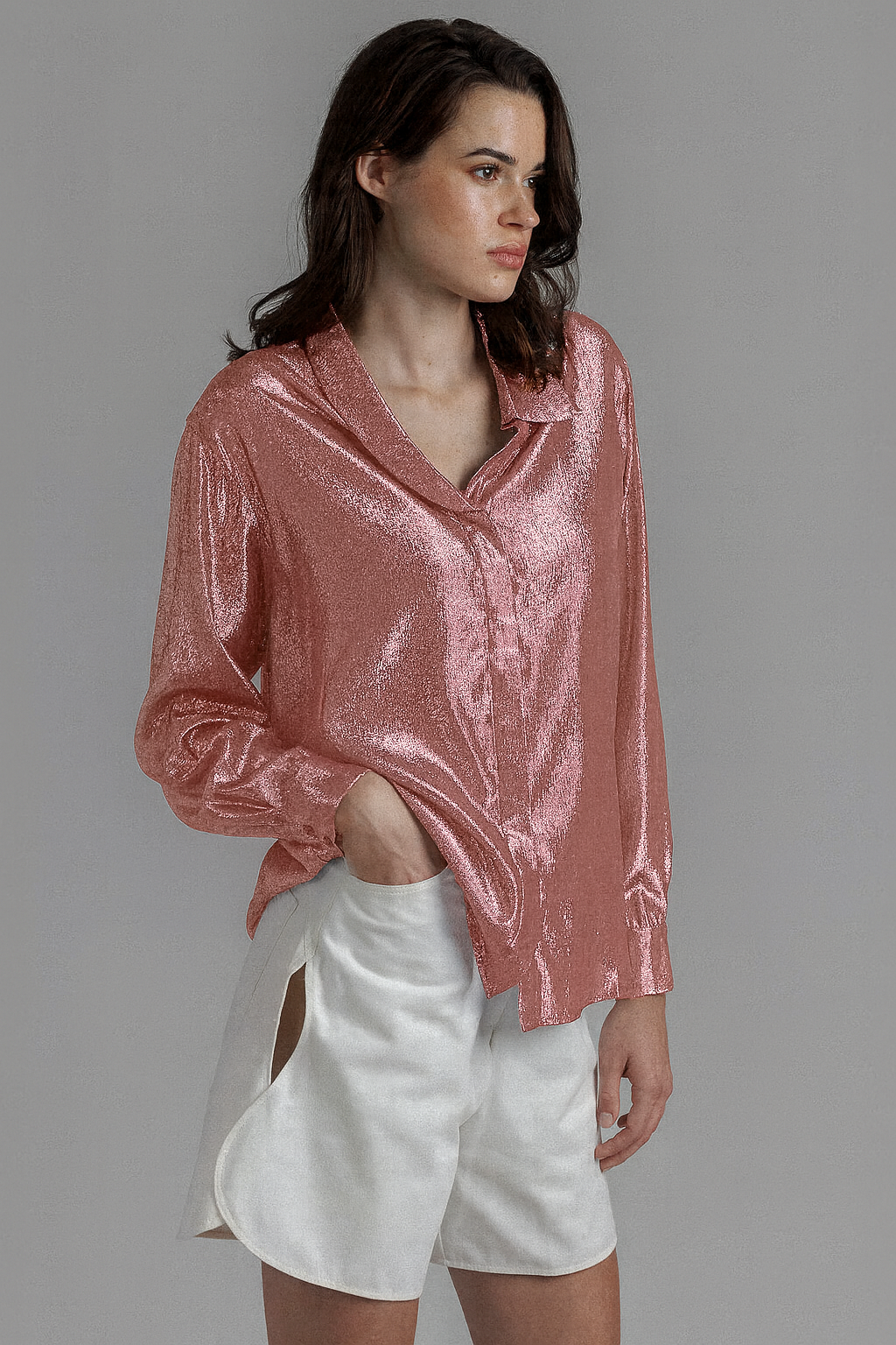 RED LAMÉ SILK BUTTON-UP SHIRT