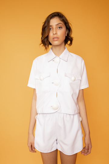 Irregular Button up Short Sleeve Crop Top